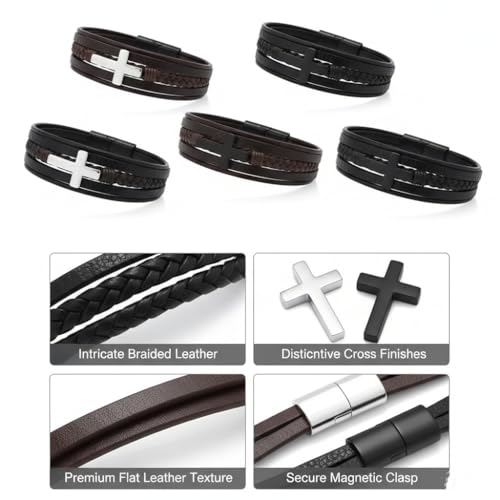 Stainless Steel Braided Leather Bracelet for Men Cuff Bangle Cross - color: 4 Colors