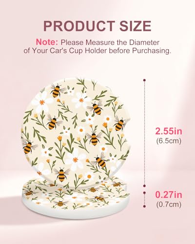 Swooflia Floral Absorbent Ceramic Car Coasters Set of 2, Cute Botanical Wildflower Cup Holder Coasters for Car, White Bee Flower Car Accessories for Women, Unique Gifts for Mom, Friends, Teachers - color: Flower Bee