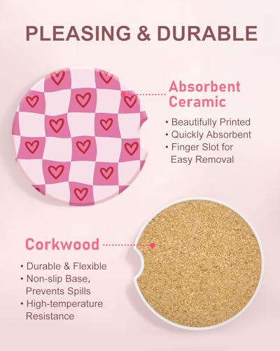 Swooflia 2 Pack Absorbent Ceramic Car Coasters for Women - color: Wavy Pink Checkered