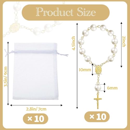 10 Set Baptism Party Favors Mini Rosary Beads Faux Pearls with Organza Bags for Christening Weddings First Communion Party Favors - style: Gold Pearl