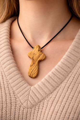 Zuluf Natural Wood Cross Pendant Necklace, Hand Carved Olive Wood Cross Necklace for Men Women, 2.5 Inch Bethlehem Holy Land Pendant on Cord, Handmade Christian Gift, Spiritual Keepsake