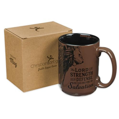 Christian Art Gifts Large Inspirational Ceramic Microwave & Dishwasher Safe Coffee & Tea Scripture Mug for Men & Women: Lord is My Strength Encouraging Bible Verse, Lion Design, Brown & Black, 14 oz. - color: Brown Lion/Lord is My Strength