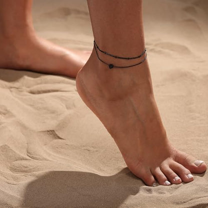 Ankle Bracelets for Women Waterproof Non Tarnish Anklet - style: 2 Layered Bead&Heart-BLK