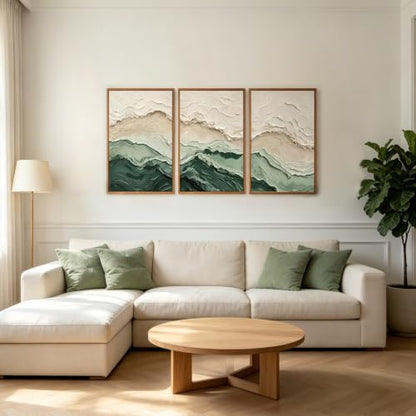 Aurlan 3D Textured Green Abstrcat Ocean Framed Canvas Wall Art 24x36 Inch - color: Green Beige (3D Textured), size: 24"L x 36"W