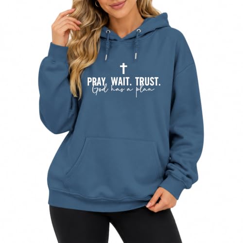 Wrenpies Christian Faith Hoodie for Women Jesus God Religious Bible Verse Hoodies Cross Pray Wait Trust Graphic Sweatshirt - color: Deep Blue, size: XX-Large