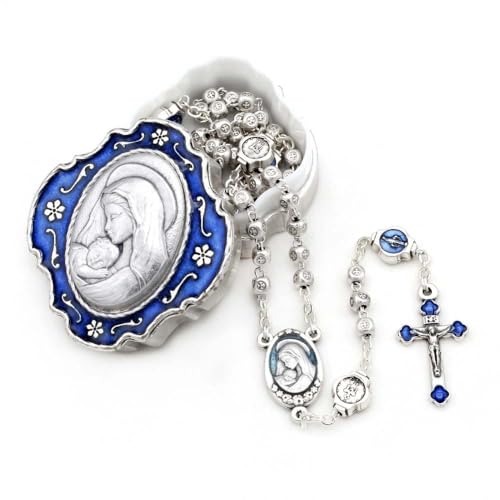 Catholic Rosary Beads with Metal Keepsake Gift Box Set - color: Mother & Child