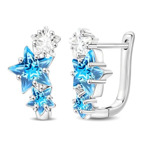 925 Sterling Silver Cute Animal Unique Huggie Hoop Earrings for Women - color: Blue Star Stacked