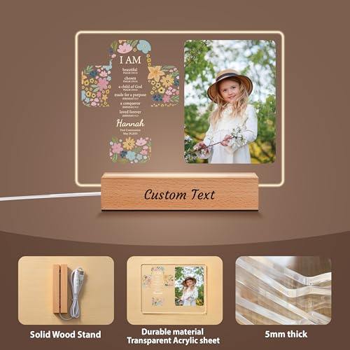 Personalized First Communion Pictrue Frame for Boys Girls, Custom Catholic Baptism Gifts for Kids, Customized Baby Gifts, Baby Shower Baptismal Decorations Sign with Name Night Light, Pictrue Frame