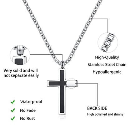 REVEMCN Christian Black Gold Silver Cross Necklace for Boys & Men, 16-22" - color: Black - 0.8'' × 0.5'' cross pendant, size: 22 inches
