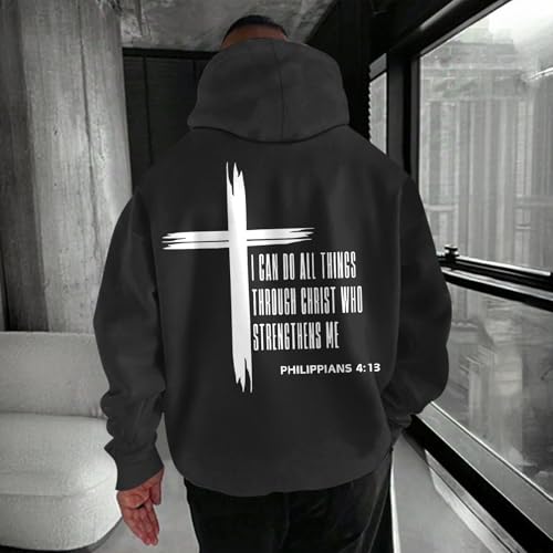 Tuislay Mens I Can Do All Things Through Christ Hoodies Christian Jesus Hoodie Religious Cross Sweatshirt Faith Pullover Tops - color: Black, size: X-Large