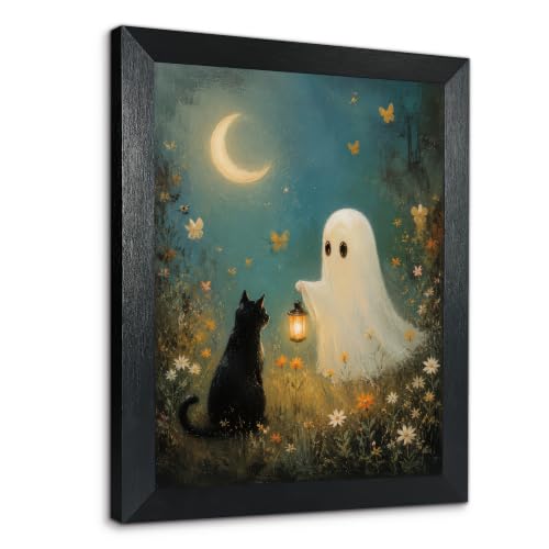 NKTVKC Ghost & Black Cat Moonlit Garden Canvas Art – Solid Wood Frame, HD Waterproof Oil Painting Fabric – for Nursery, Kids’ Room, Halloween Decor - color: Ghost & Black Cat Moonlit Garden, size: 11"L x 9"W