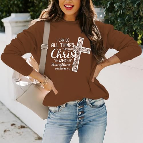 KEEVICI Christian Jesus Sweatshirts For Women Religious Bible Verse Cross Sweatshirt God Hoodie Faith Long Sleeve Shirts - color: Brown, size: X-Large