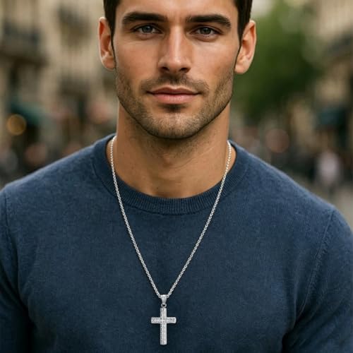 Men's Cross Necklace, Vine Design Iced‑Out Cubic Zirconia - color: silver