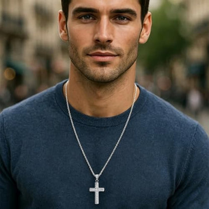 Men's Cross Necklace, Vine Design Iced‑Out Cubic Zirconia - color: silver