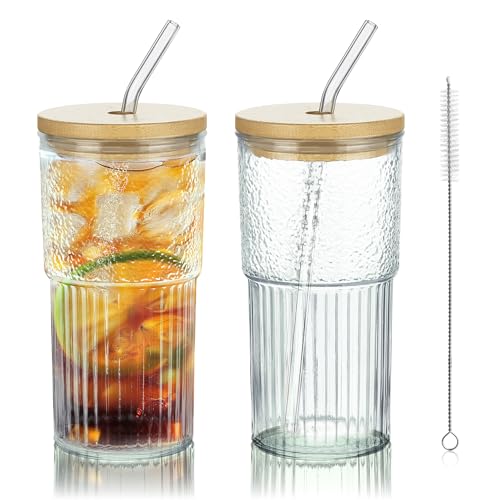 Joeyan 24 oz Clear Glass Tumbler with Straw and Bamboo Lid,Dishwasher Safe - color: Clear glass tumbler with bamboo lid