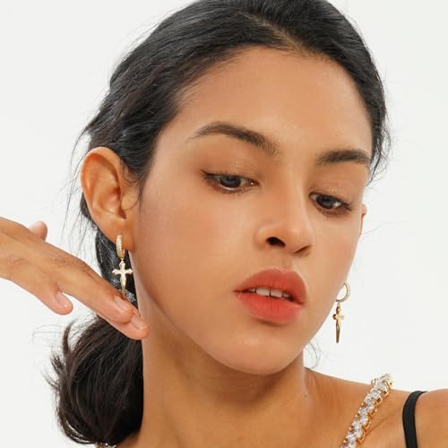 TOPGRILLZ Cross Hoop Dangle Earrings 925 Sterling Silver 5A+ Cubic Zirconia 14K Gold Hypoallergenic Cross Hoop Cuff Huggie Drop Earrings For Men Women - color: 14K Gold
