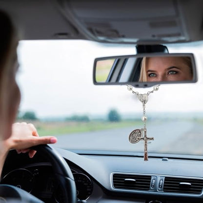 TALISMAN4U St. Michael Guardian Angel Medal Rosary for Car Rearview Mirror - color: White Rosary Beads