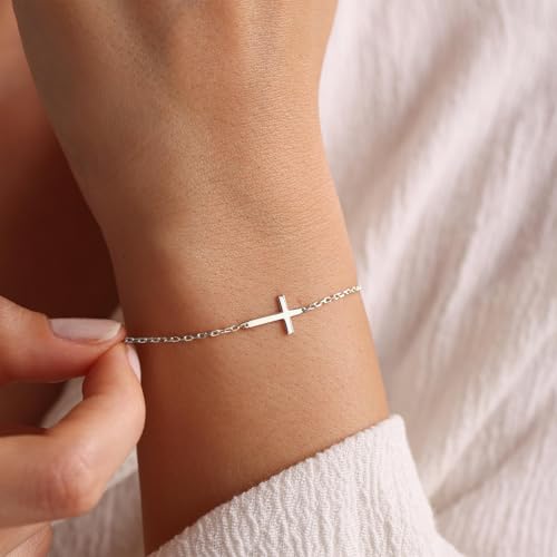 LUCA SMITH 925 Sterling Silver Cross Bracelet for Women Adjustable Stackable Dainty 14K Gold/Silver Cute Tiny Symbolic Cross Pendant Charm Link Chain Faith-Based Jewelry - color: silver