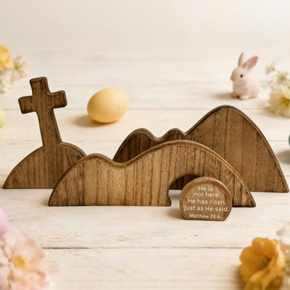 Wooden Empty Tomb Easter Christian Decoration, Religious Resurrection Scene - color: Brown-4 Pieces
