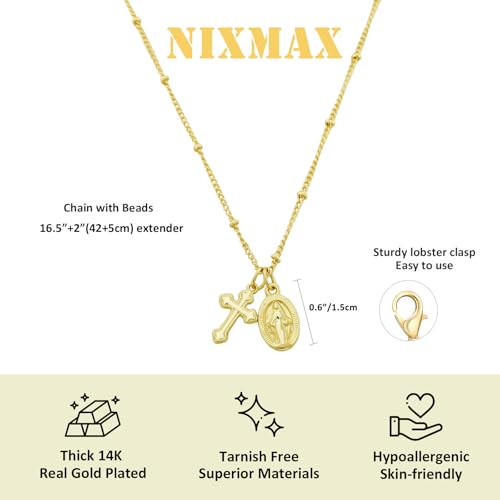 NIXMAX Small Cross Necklace for Women, 14K Gold Silver Plated Pendant - color: Gold-Virgin Mary with Cross