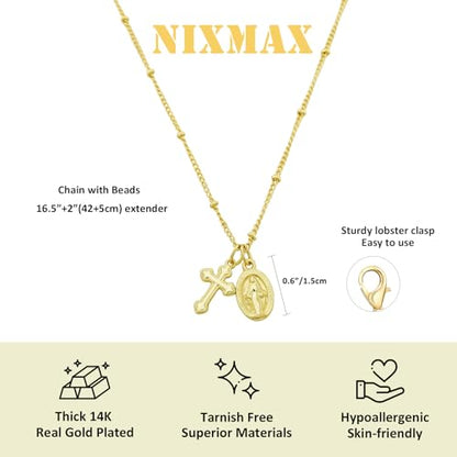 NIXMAX Small Cross Necklace for Women, 14K Gold Silver Plated Pendant - color: Gold-Virgin Mary with Cross