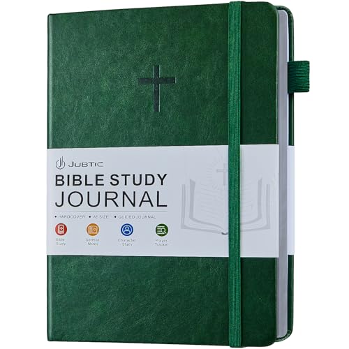 JUBTIC Bible Study Journal for Women – Green Scripture Notebook with Sermon Notes & Prayer Tracker, Christian Gift for Baptism, Graduation, or Easter, A5 Hard Cover Linen Journal - color: Dark Green