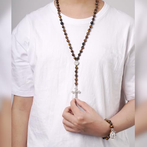 Rosary for Men Women, Natural Stone Beads with St. Benedict Bracelet - color: Tiger Eye