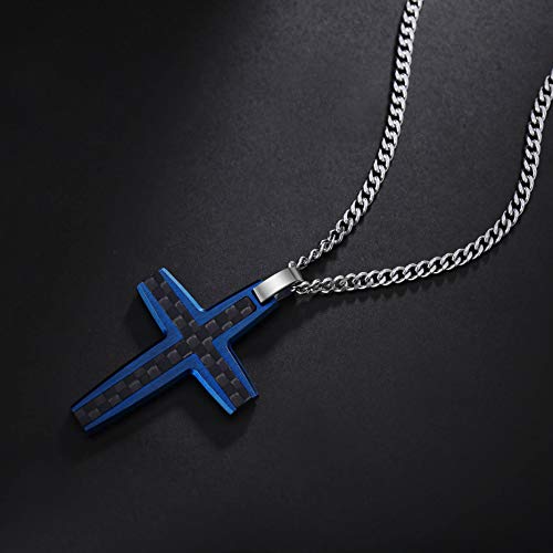 Men's Stainless Steel Cross Necklace,Two-Tone Black & Blue Carbon Fiber Pendant - Included Gift Box - style: Black & Blue XL001