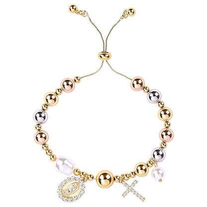 Rosary Cross Bracelet for Women, Gold Virgin Mary Rosary Beads Catholic Bracelet - style: big beads