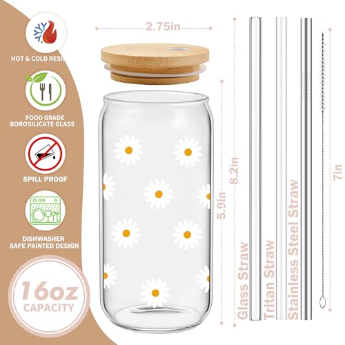 Cute Glass Cups with Lids and Straws, Daisy Flower Iced Coffee Smoothie Matcha Cup Tumbler Christmas Birthday Gifts for Women Sister Friend Her Preppy Teenage Girls Teen Girl Gifts Trendy Stuff Things