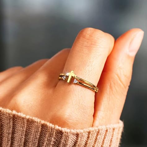 925 Sterling Silver Adjustable Cross Ring for Women - color: Gold