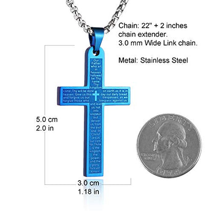 HZMAN Stainless Steel Cross Necklace for Men Women Lord's Prayer Pendant - color: Blue
