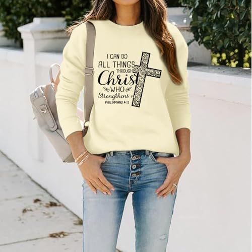 KEEVICI Christian Jesus Sweatshirts For Women Religious Bible Verse Cross Sweatshirt God Hoodie Faith Long Sleeve Shirts - color: Apricot, size: Medium