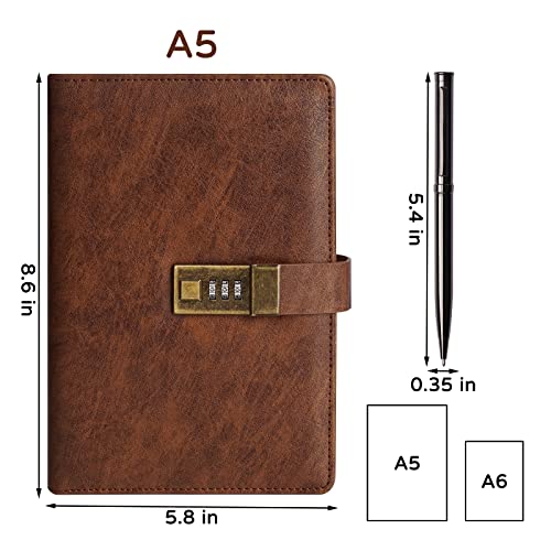 WEMATE Diary with Lock, A5 PU Leather Journal with Lock 240 Pages Brown - color: Brown
