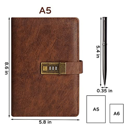 WEMATE Diary with Lock, A5 PU Leather Journal with Lock 240 Pages Brown - color: Brown