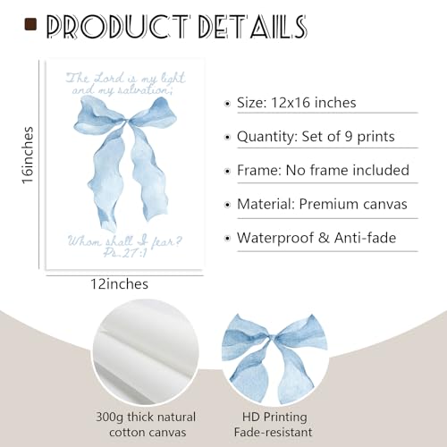 Light Blue Christian Wall Art Coquette Bible Verse Canvas Wall Decor Preppy Trendy Floral Poster Aesthetic Christian Bow Picture Religious Scripture Prints for Girls Dorm Bedroom 12x16x9 Inch Unframed - color: Bow Verse Art, size: 12''x16'' Unframed