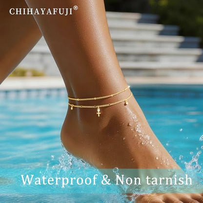 14K Gold/Sterling Silver Plated Ankle Bracelets for Women Waterproof Layered Stackable Sparkly Chain Birthstone Charm Non Tarnish Large Adjustable Birthday Jewelry Gift - color: Gold3