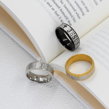 Uloveido Stainless Steel JESUS Cross Ring - Christian Faith Scripture Jewelry for Men - 8mm Comfort Fit Wedding Cross Band Durable Polished - color: Gold