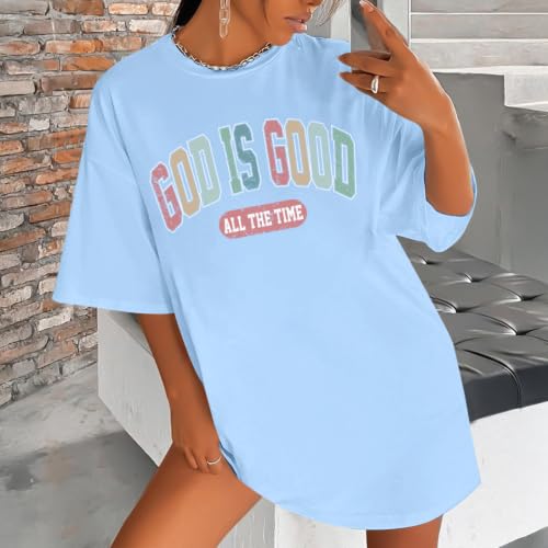 Christian Shirts for Women Oversized God is Good Shirt Religious Jesus Faith Inspirational Tshirt Bible Verse Tee Top - color: Light Blue, size: Large