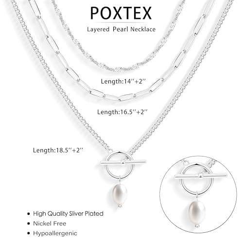 Poxtex Layered Gold Necklaces for Women, Stackable Dainty 14K Gold Silver Plated Trendy Simple Heart Diamond Cross Bow Circle Pendant Paperclip Choker Dot Chain Necklace,Jewelry Set Gifts for Women - color: Silver, style: Pearl1