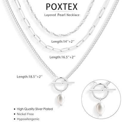 Poxtex Layered Gold Necklaces for Women, Stackable Dainty 14K Gold Silver Plated Trendy Simple Heart Diamond Cross Bow Circle Pendant Paperclip Choker Dot Chain Necklace,Jewelry Set Gifts for Women - color: Silver, style: Pearl1
