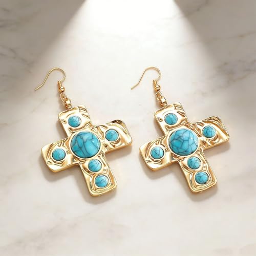 Chunky Gold Silver Cross Drop Dangle Earrings for Women Statement Western - color: Gold-Turquoise