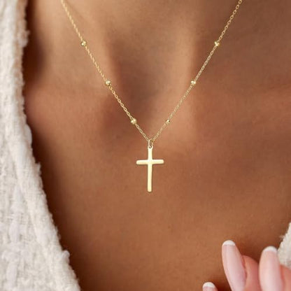 Cross Necklace for Women, Dainty 14K Gold Plated CZ Pendant - color: Gold-medium plain cross