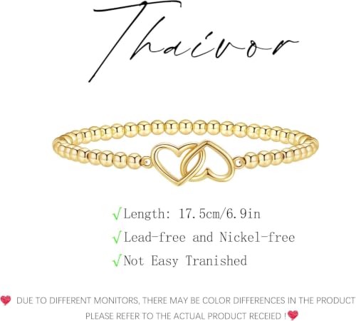 Beaded Bracelets for Women 14K Silver Gold Plated Stretch Handmade Ball Bracelets Cute Charm Bracelet Dainty Stackable Cross Heart Bow Wave CZ Circle Trendy Jewelry Easter Gifts - color: Gold-4