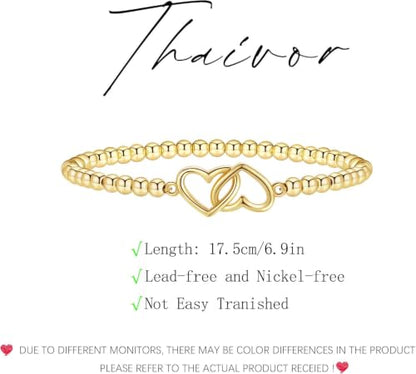 Beaded Bracelets for Women 14K Silver Gold Plated Stretch Handmade Ball Bracelets Cute Charm Bracelet Dainty Stackable Cross Heart Bow Wave CZ Circle Trendy Jewelry Easter Gifts - color: Gold-4