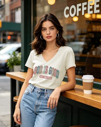 Christian Shirts for Women God is Good Tshirts Religious Faith Graphic T-Shirts Jesus Bible Verse V Neck Tees Tops - color: Beige, size: X-Large