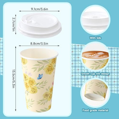 50 Pack 16 oz Disposable Coffee Cups with Lids Floral - style: Floral