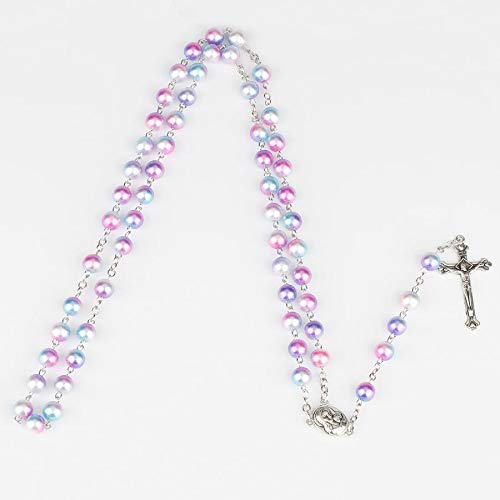 Rnivida Catholic 8MM Colorful Beads Rosary, Rosaries Necklace with Alloy Miraculous Medal and Crucifix Cross - color: Imitation Multicolor Pearl Rosaries for women pearl rosary