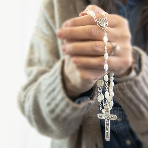 Catholic Rosary For Men & Women - 22.5" Rosary Necklace From The Holy Land Of Jerusalem - Catholic Rosary With Olive Wood & Mother of Pearl Rosary Beads & Crucifix Dangle - color: Sacred Heart of Jesus