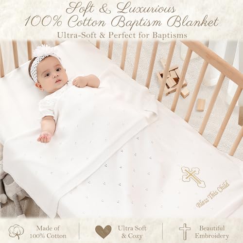 Cotton Knit Baptism Christening Blanket, Bless This Child, 40"x31" - color: Bapatism Pointelle Blanket